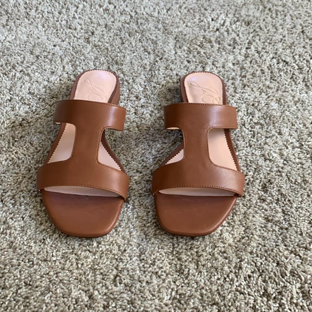 J Crew Leather Cutout Slide Sandals in Rich Oak